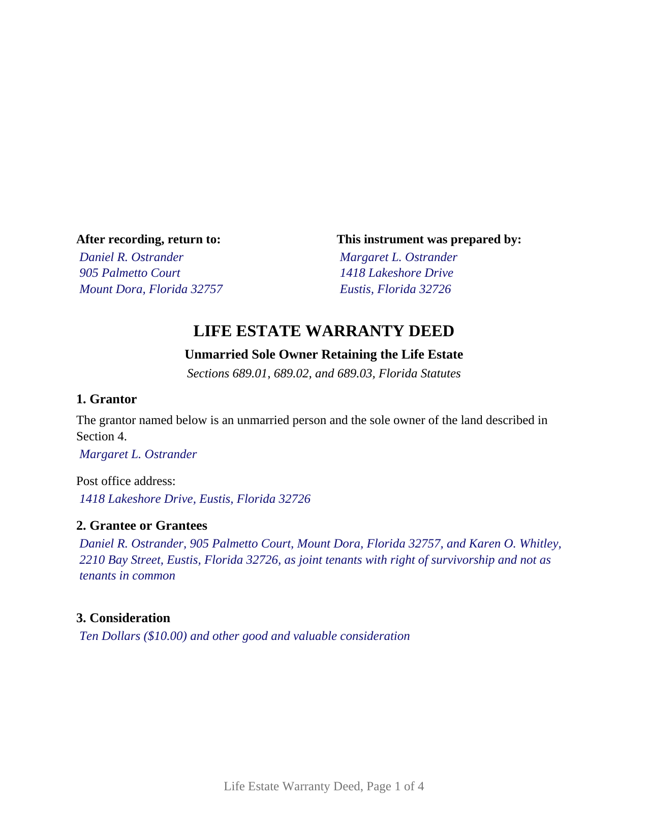 Lafayette County Completed Example of the Life Estate Warranty Deed (Unmarried Sole Owner Retaining the Life Estate) Document