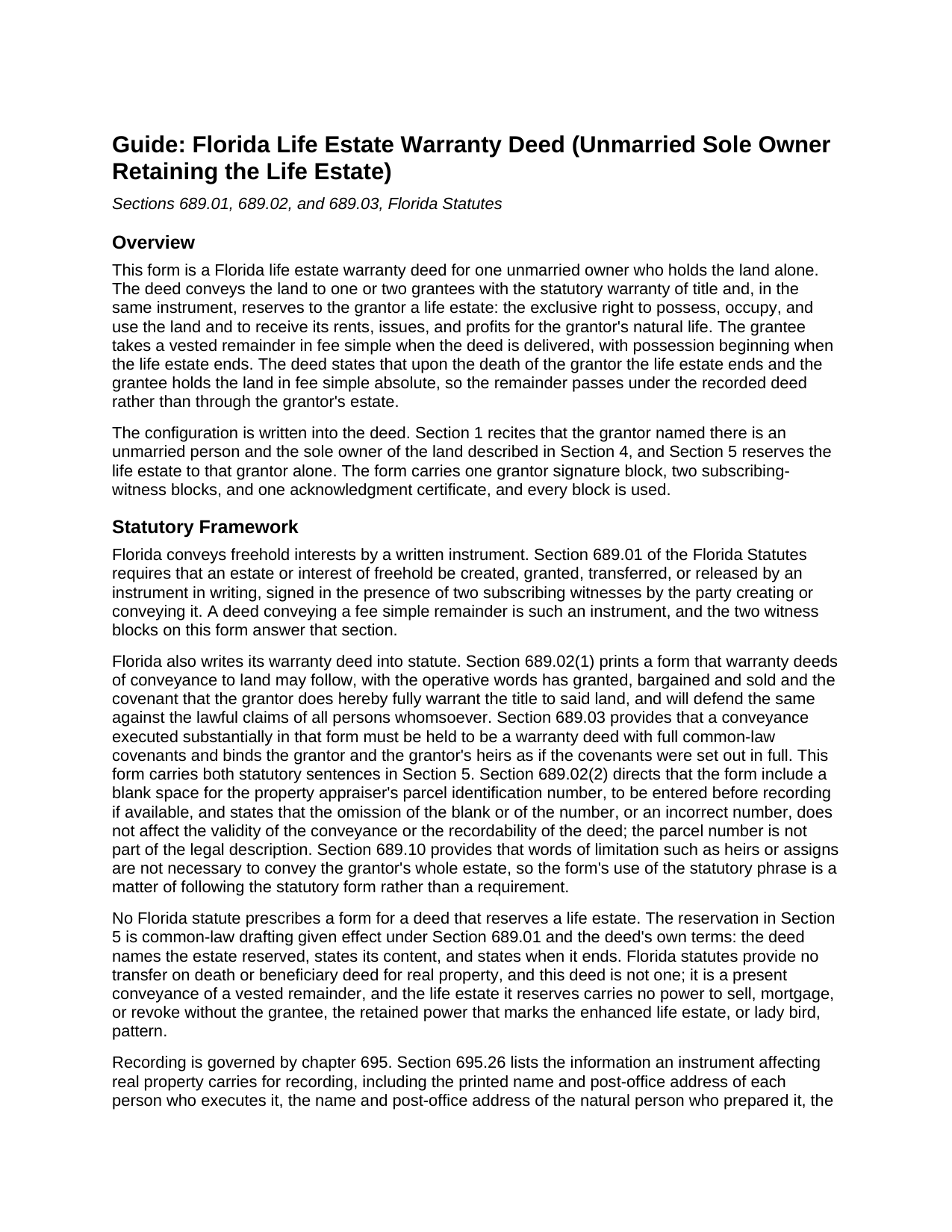 Lafayette County Life Estate Warranty Deed (Unmarried Sole Owner Retaining the Life Estate) Guide
