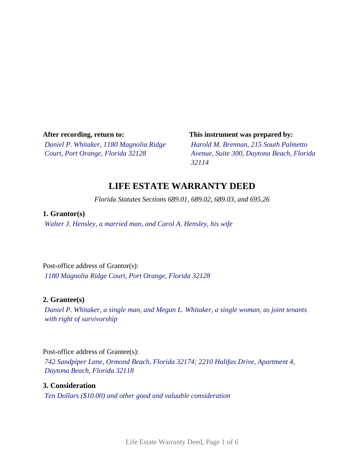 Putnam County Completed Example of the Life Estate Warranty Deed Document