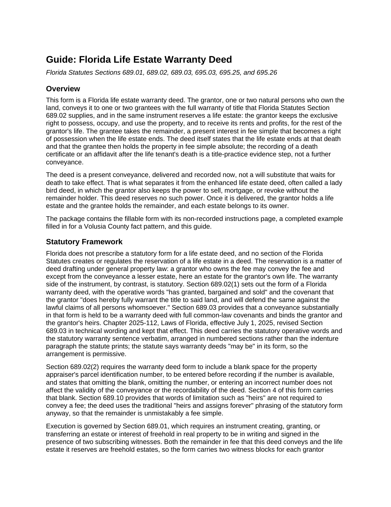 Putnam County Life Estate Warranty Deed Guide