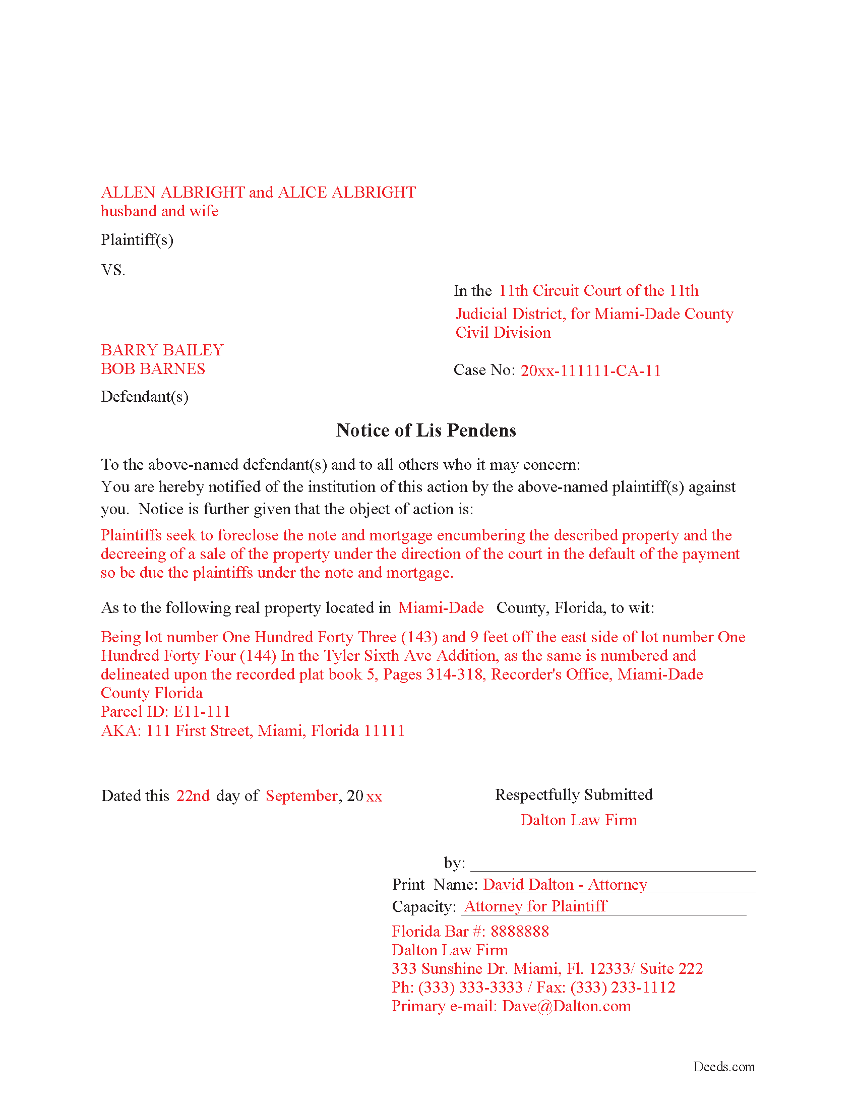 Glades County Completed Example of the Lis Pendens Document
