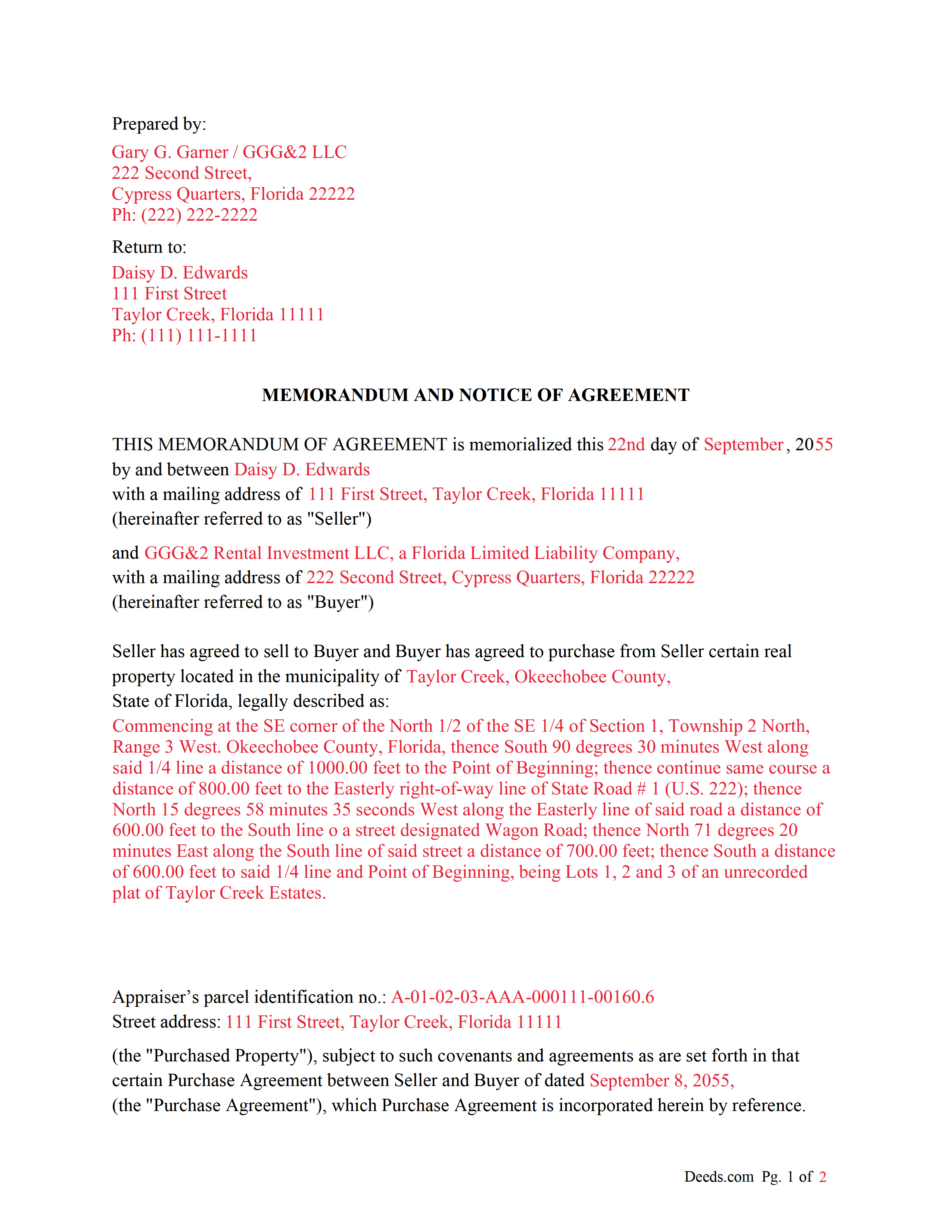 Completed Example of the Memorandum and Notice of Agreement Document
