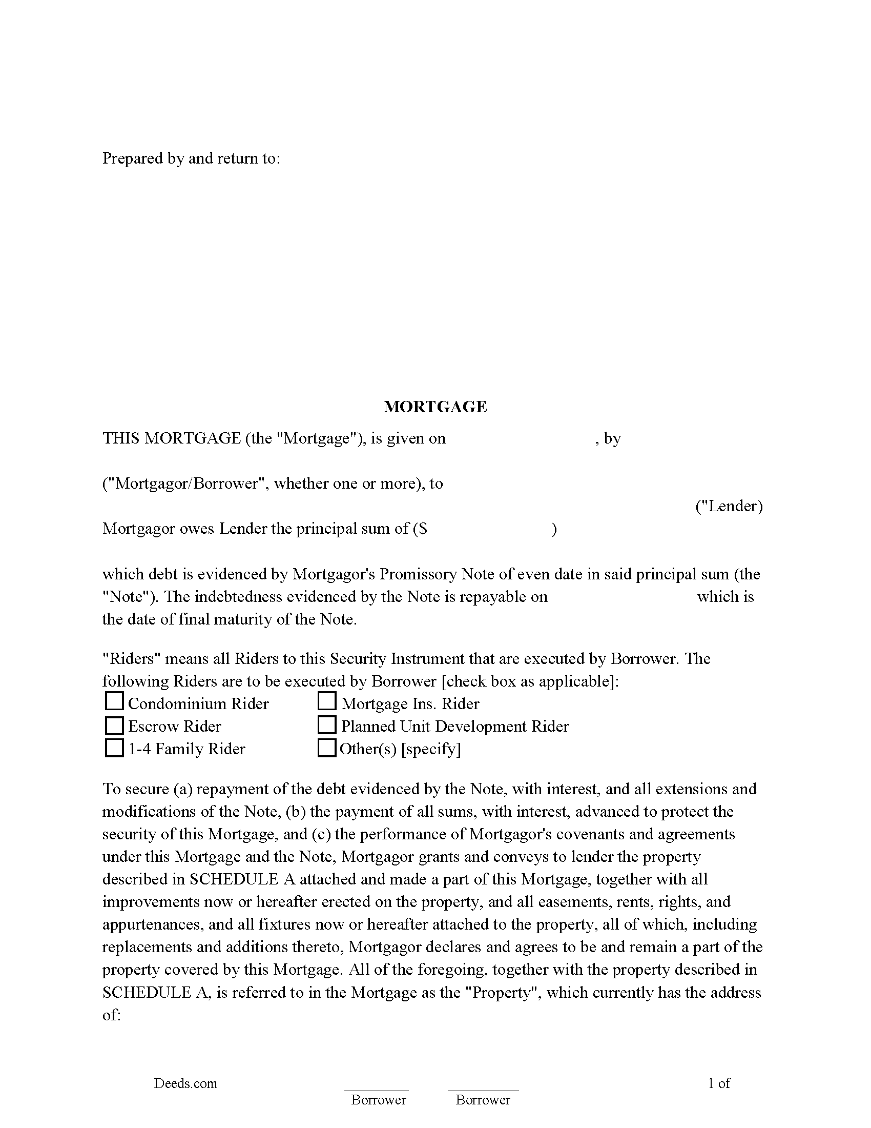 Mortgage Instrument and Promissory Note Form