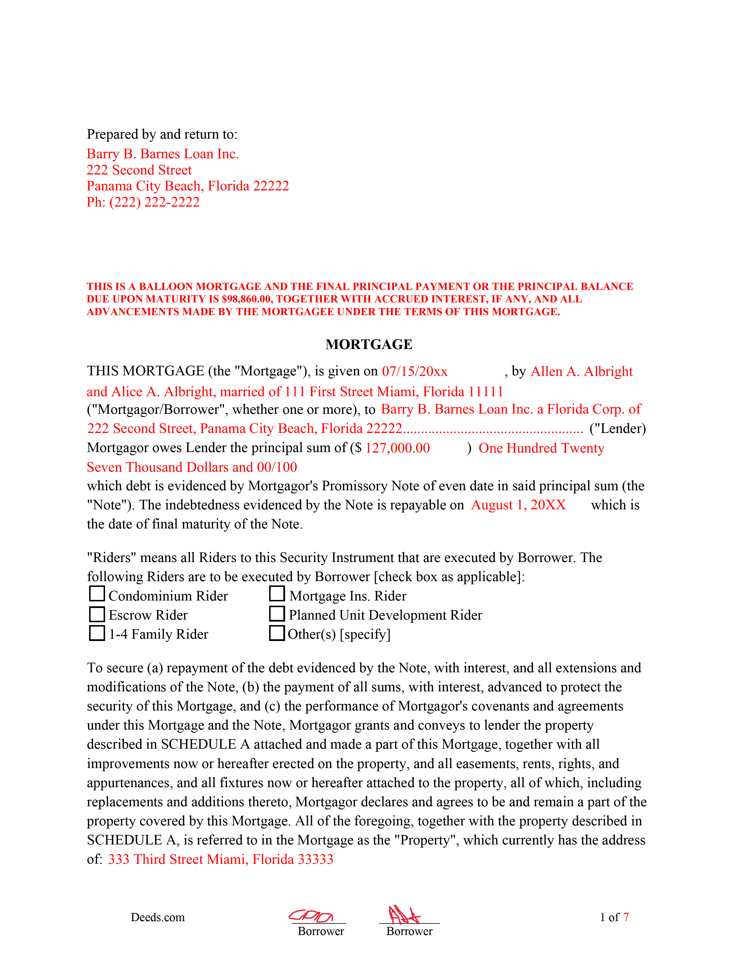 Completed Example of the Mortgage Instrument and Promissory Note Document