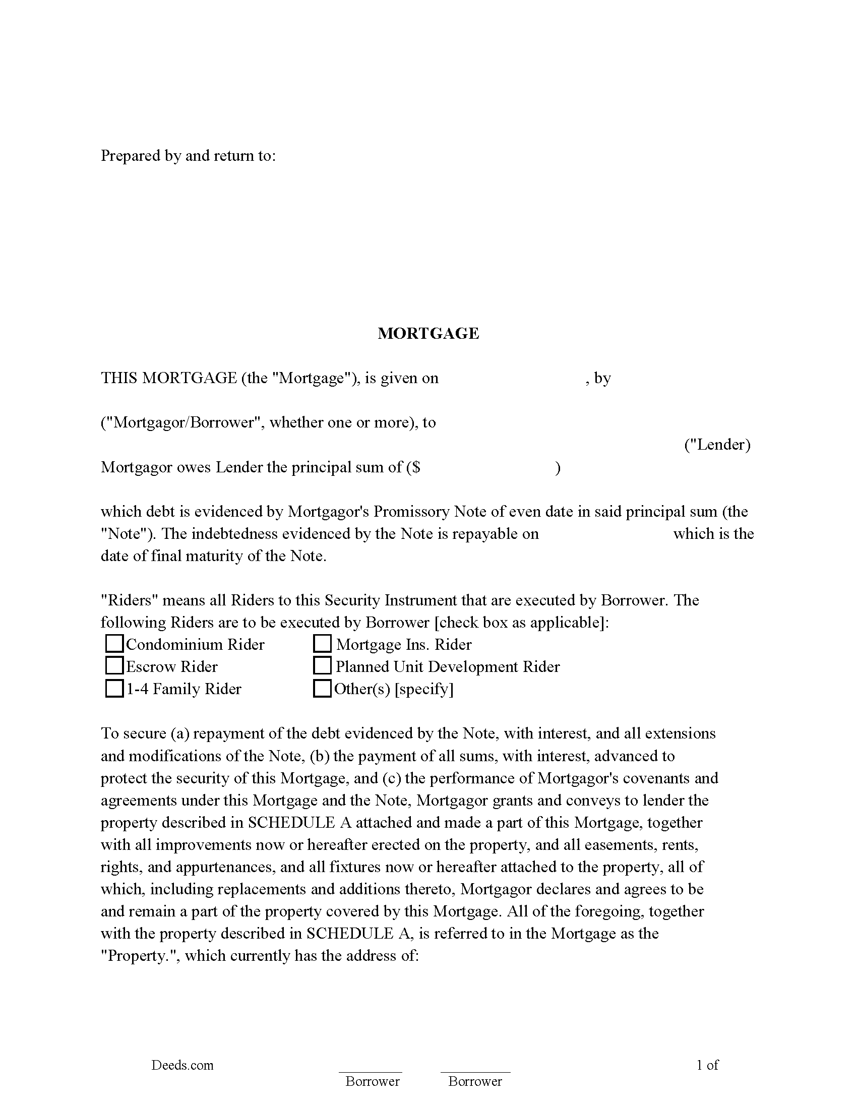Mortgage with Assignment of Rents and Promissory Note Form