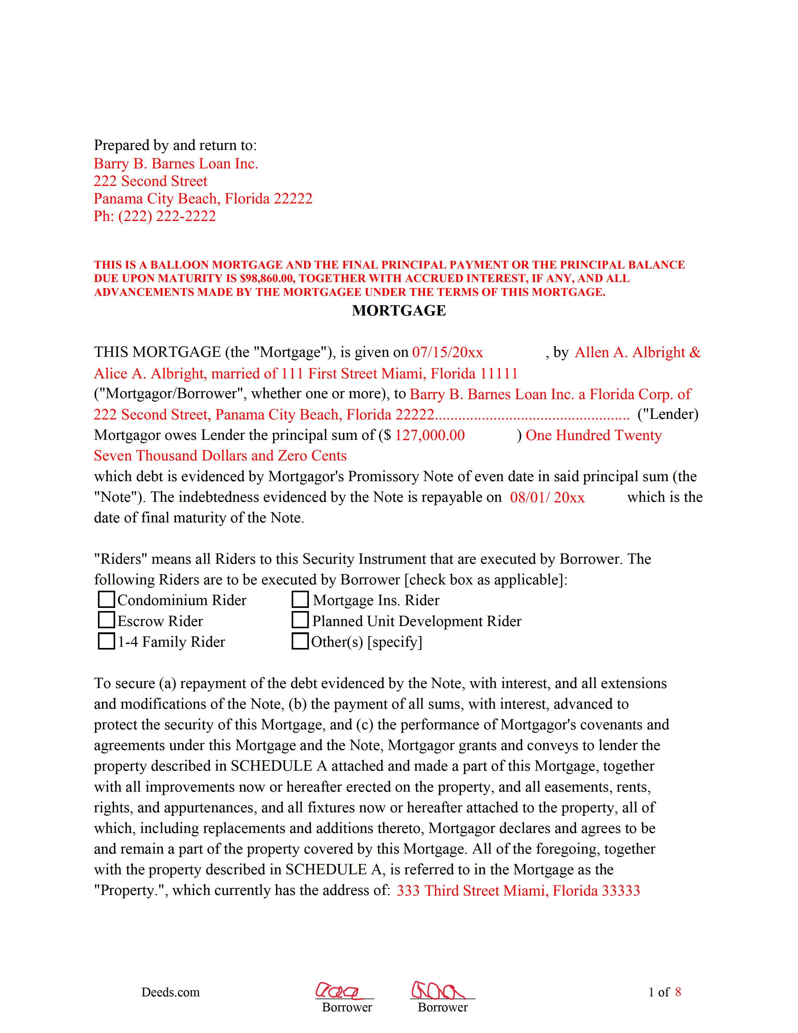 Completed Example of the Mortgage with Assignment of Rents and Promissory Note Document