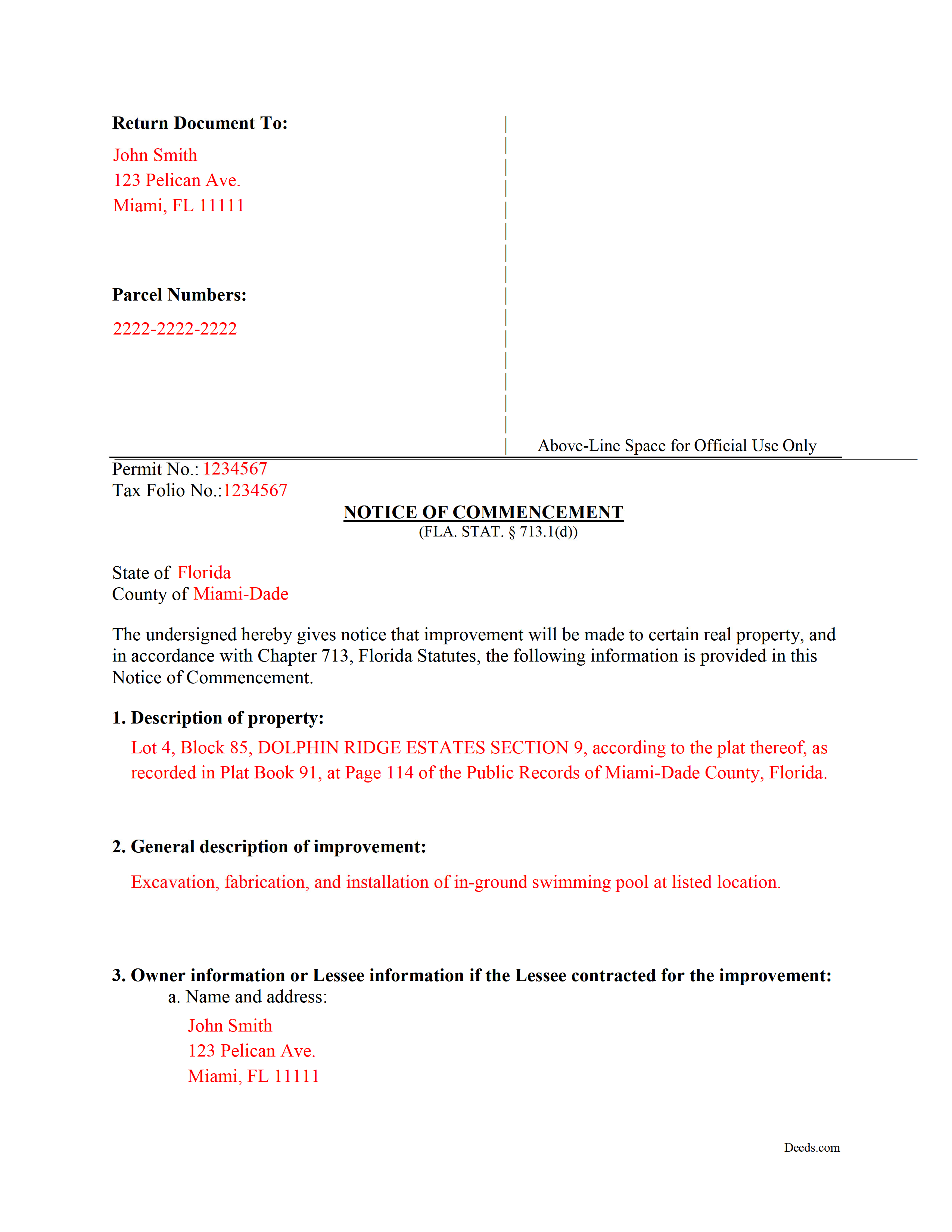 Orange County Completed Example of the Notice of Commencement Document