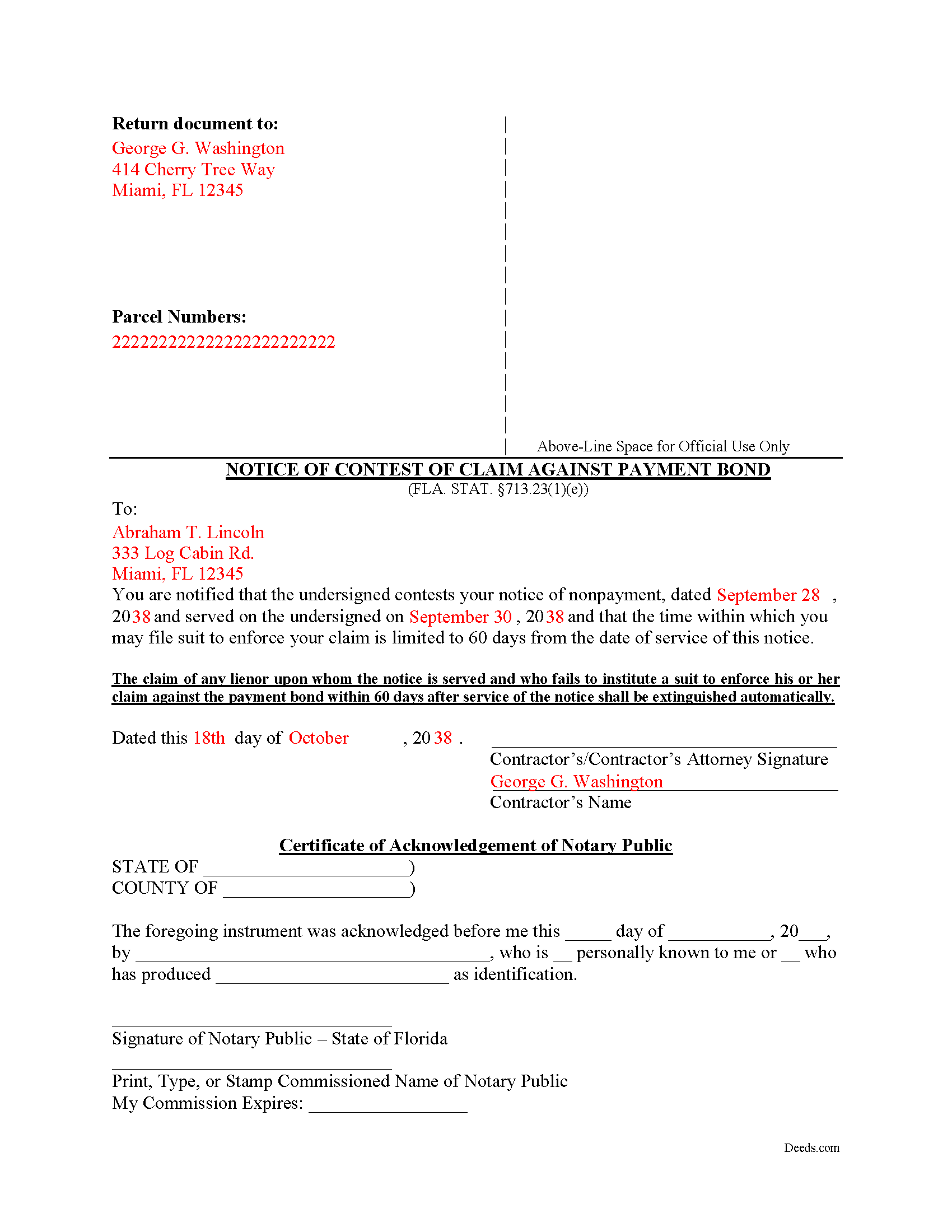 Completed Example of the Notice of Contest of Claim Against Payment Bond Document