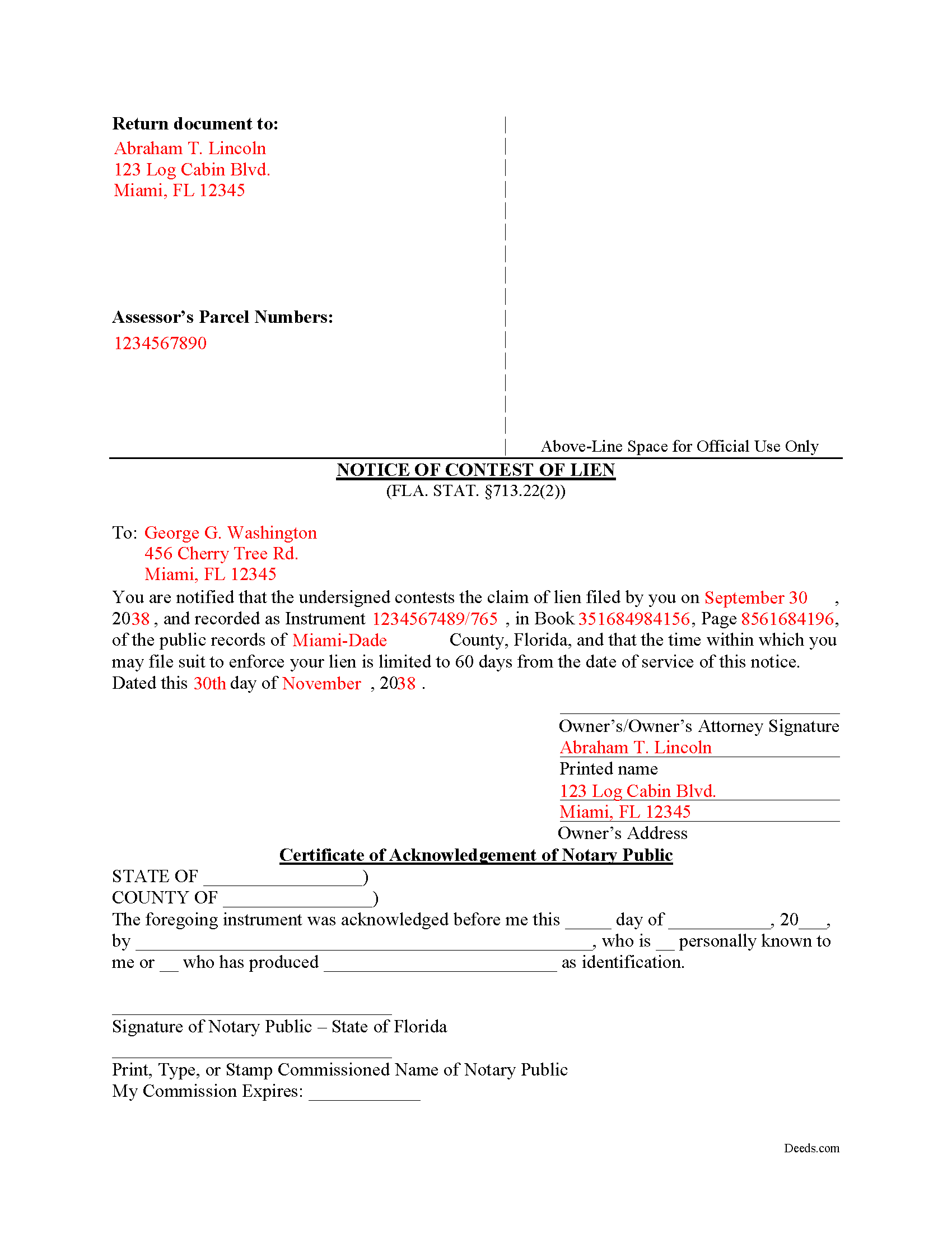 Glades County Completed Example of the Notice of Contest of Lien Document