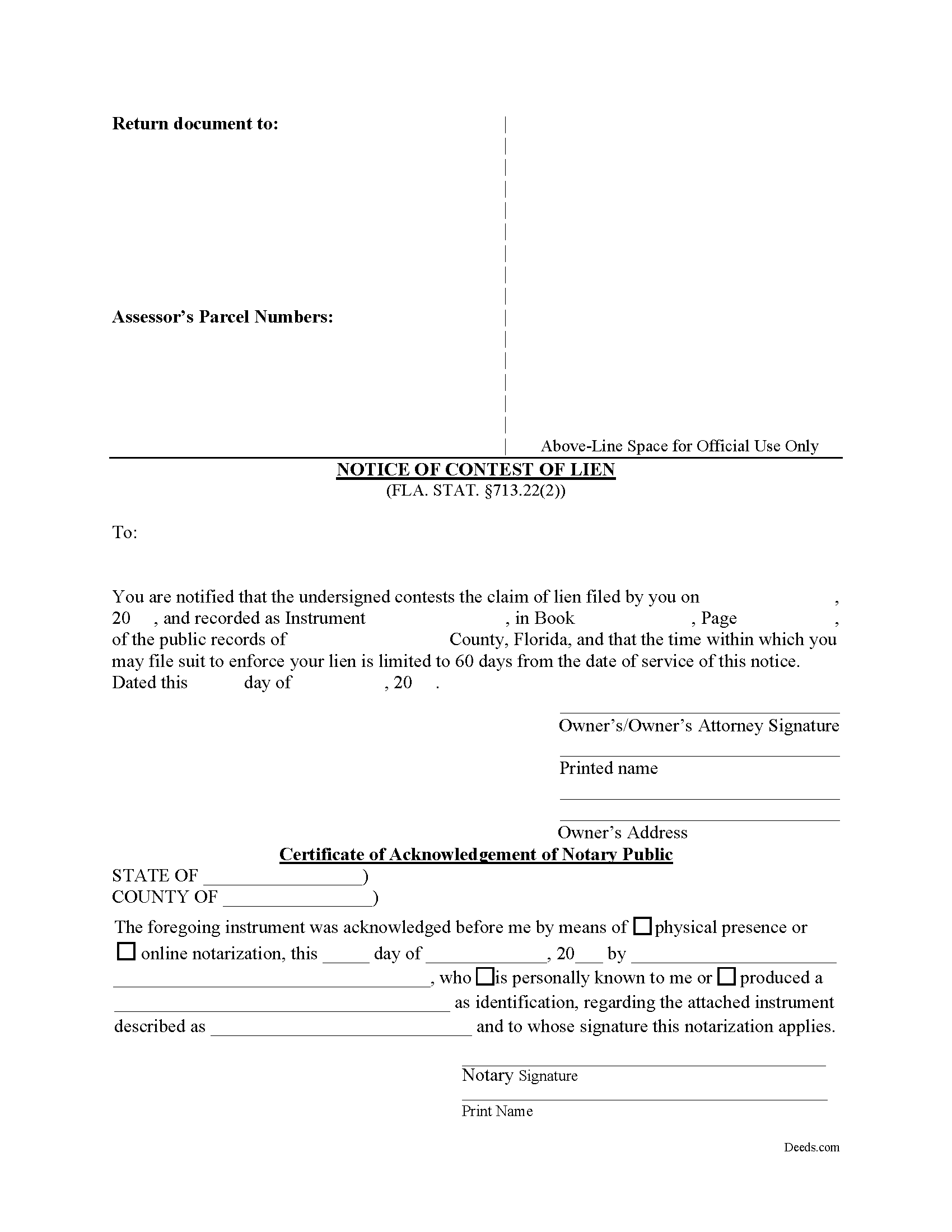 Glades County Notice of Contest of Lien Form
