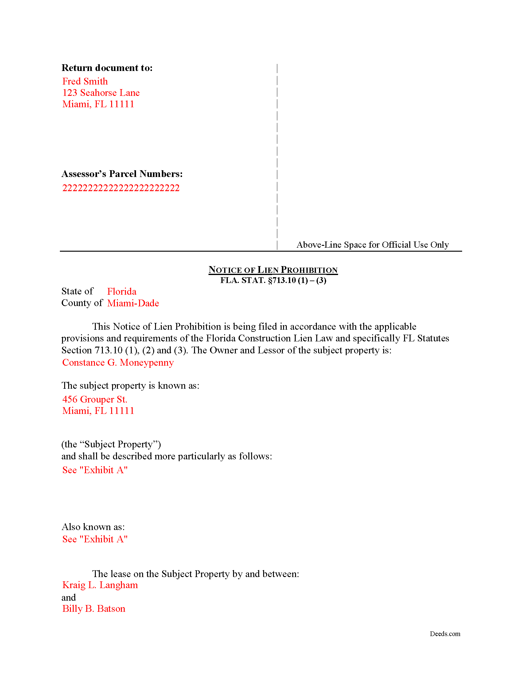 Completed Example of the Notice of Lien Prohibition Document