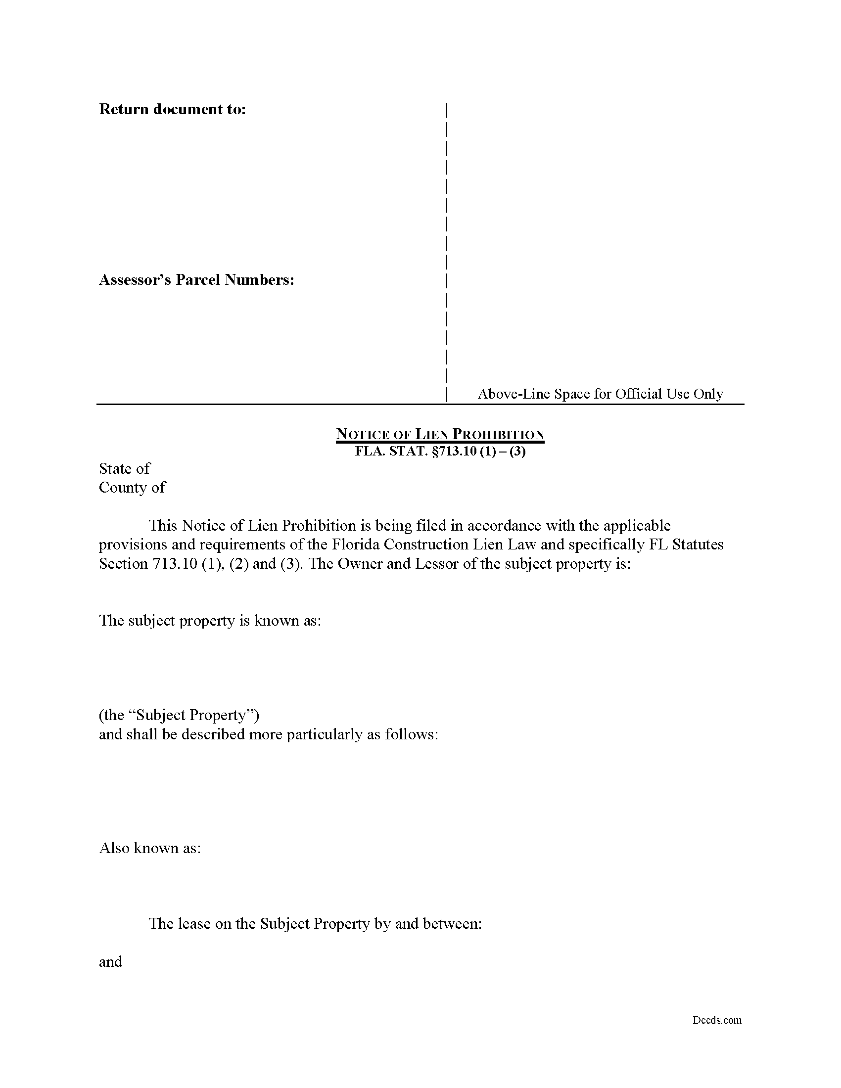 Lake County Notice of Lien Prohibition Form