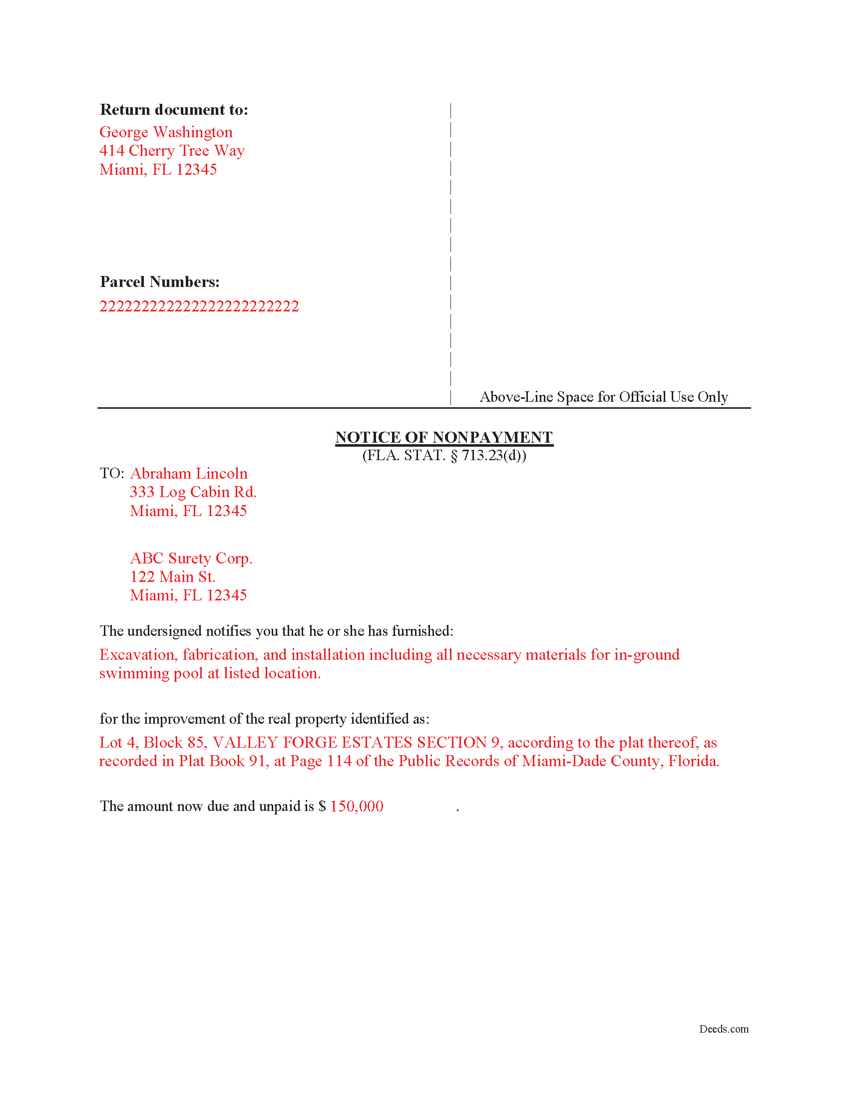Completed Example of the Notice of Nonpayment Document