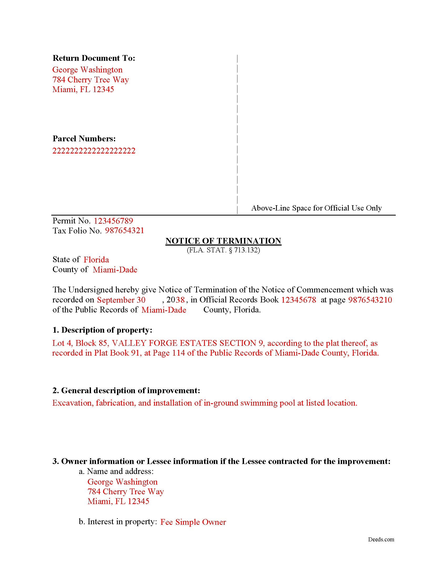 Flagler County Completed Example of the Notice of Termination Document