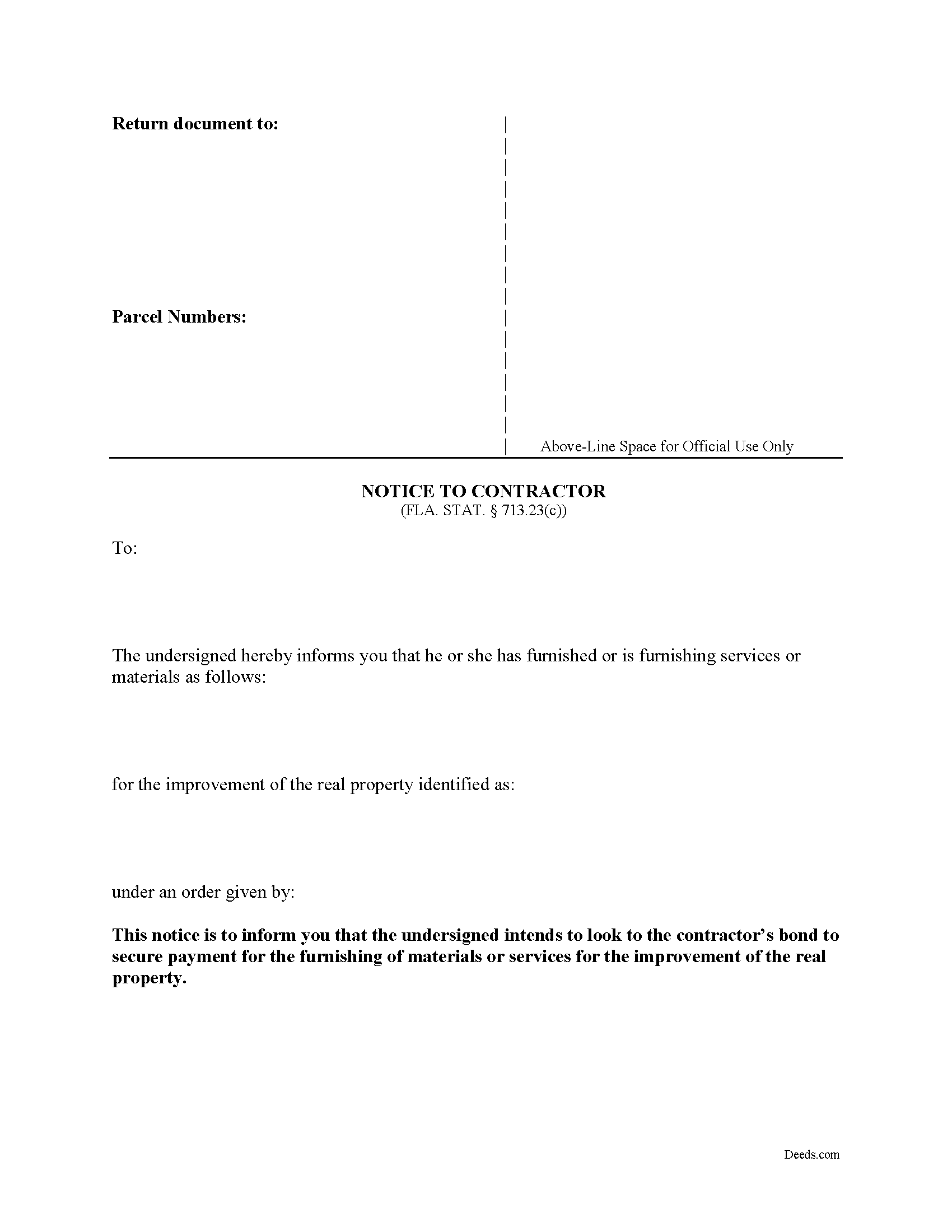 Notice to Contractor Form