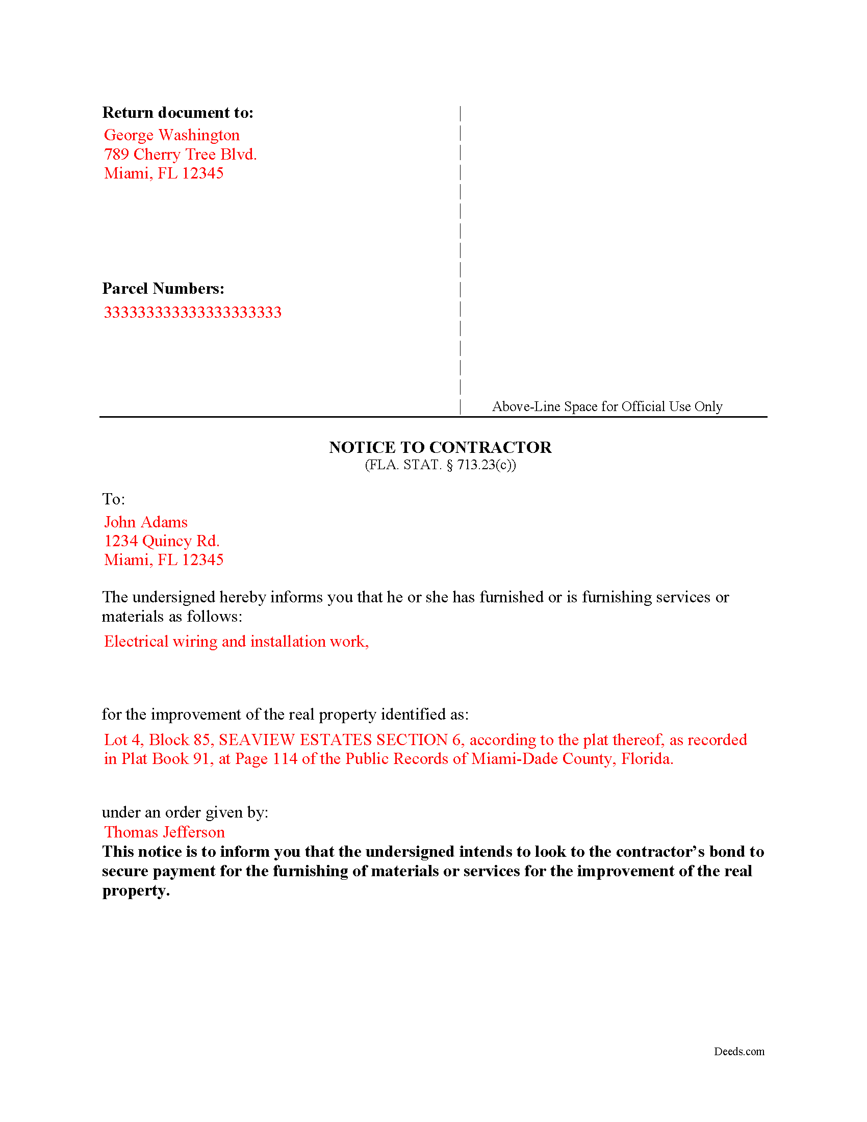 Completed Example of the Notice to Contractor Document