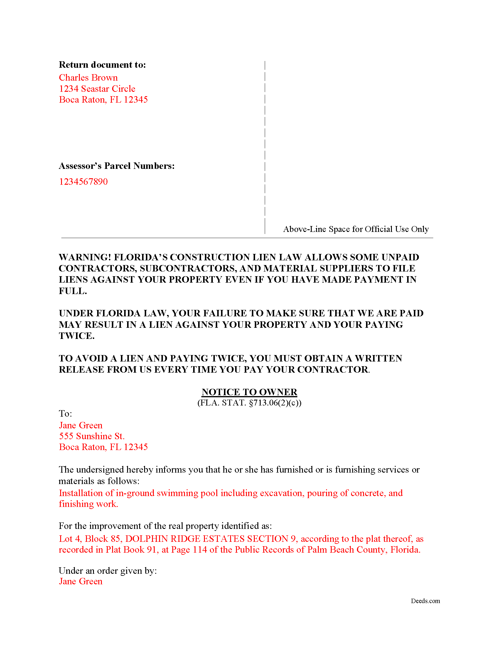 Completed Example of the Notice to Owner Document