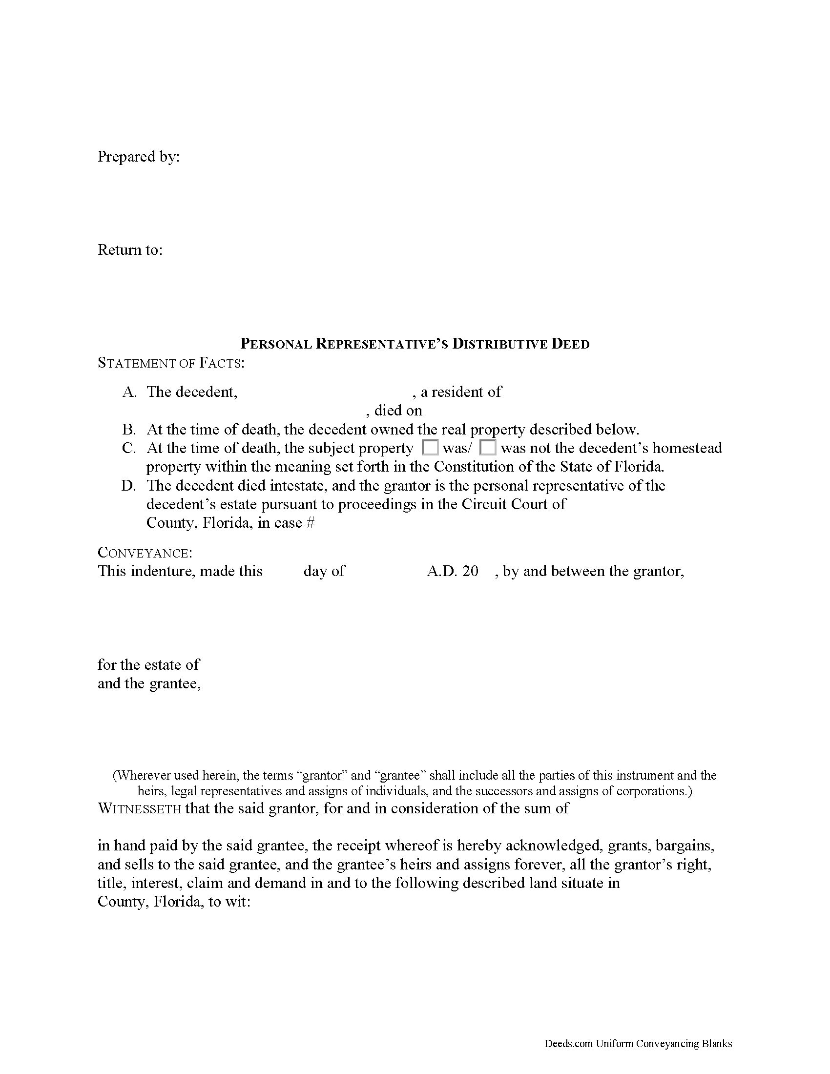 Personal Representative Deed (Intestate) Form