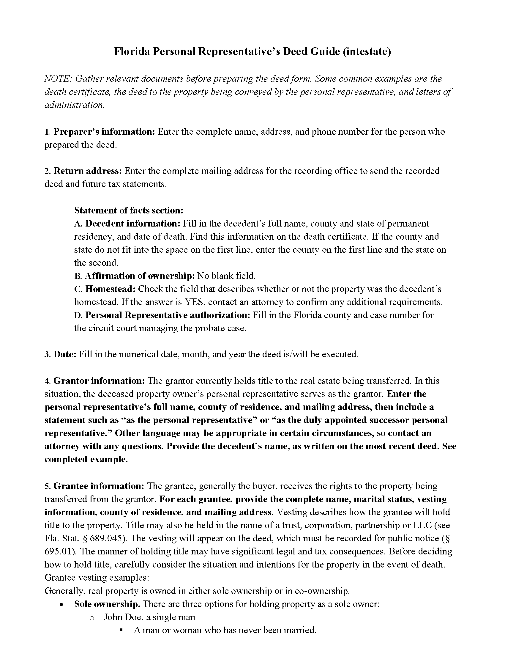 Completed Example of the Personal Representative Deed (Intestate) Document