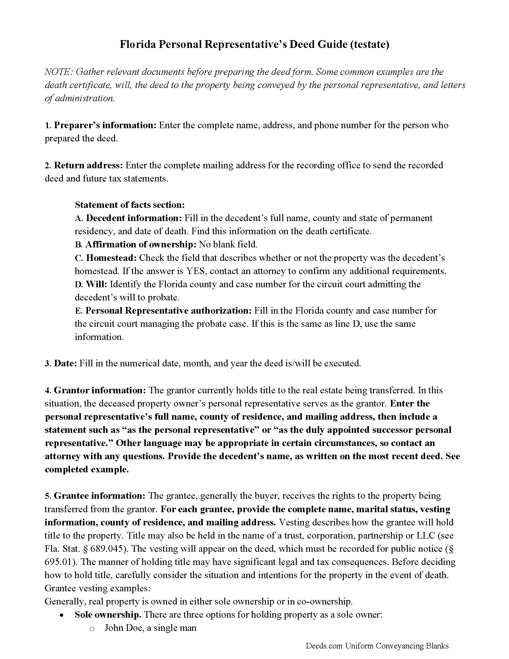 Miamidade County Personal Representative Deed (Testate) Form Florida