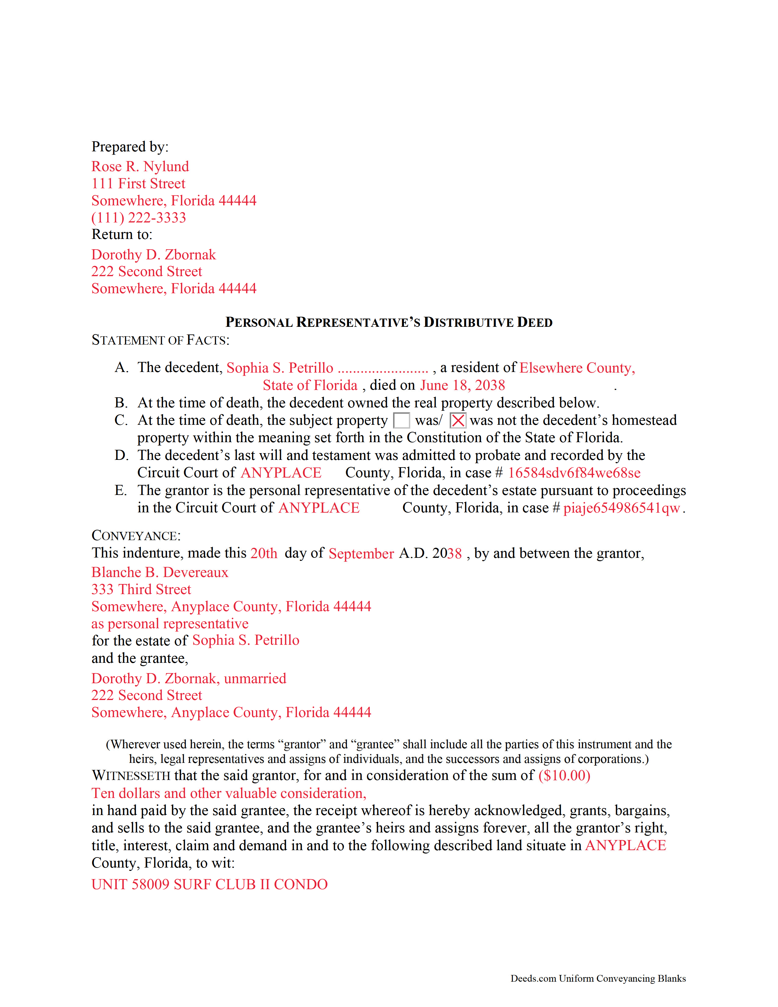 Completed Example of the Personal Representative Deed (Testate) Document