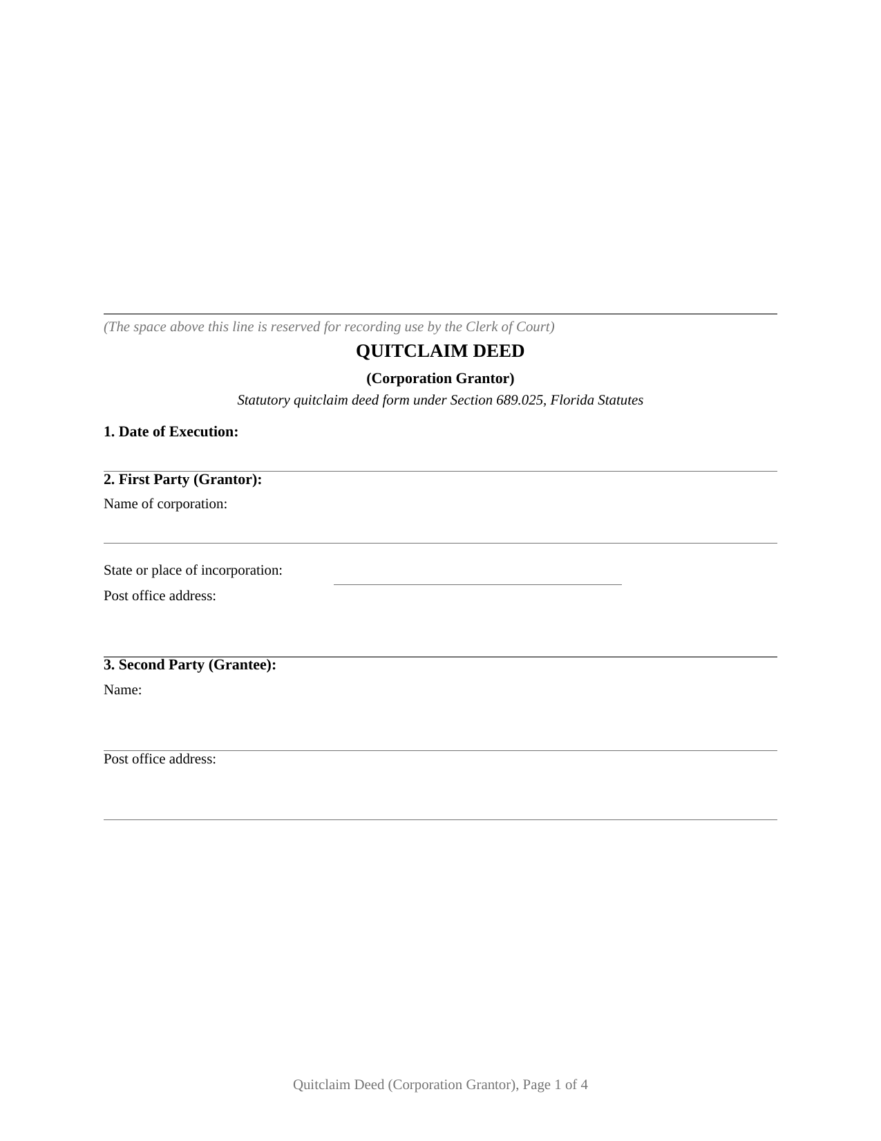 Levy County Quitclaim Deed (Corporation Grantor) Form