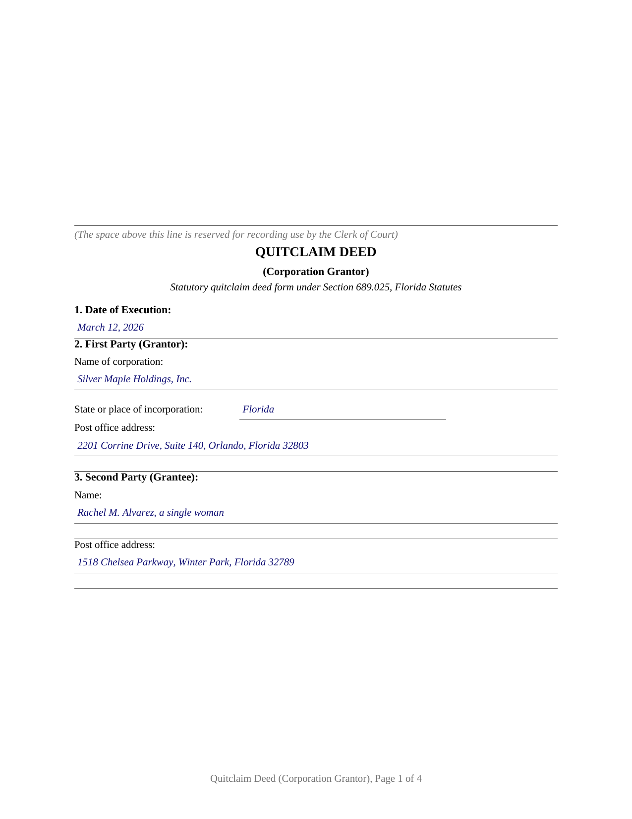 Levy County Completed Example of the Quitclaim Deed (Corporation Grantor) Document