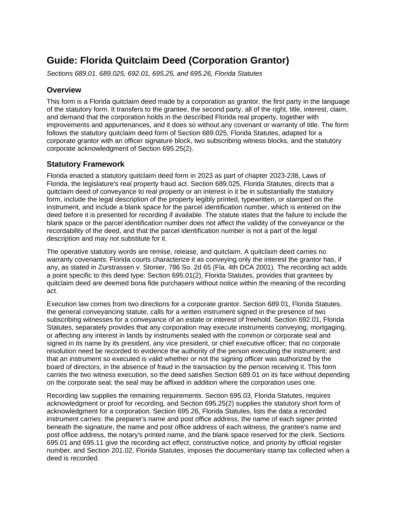 Levy County Quitclaim Deed (Corporation Grantor) Guide