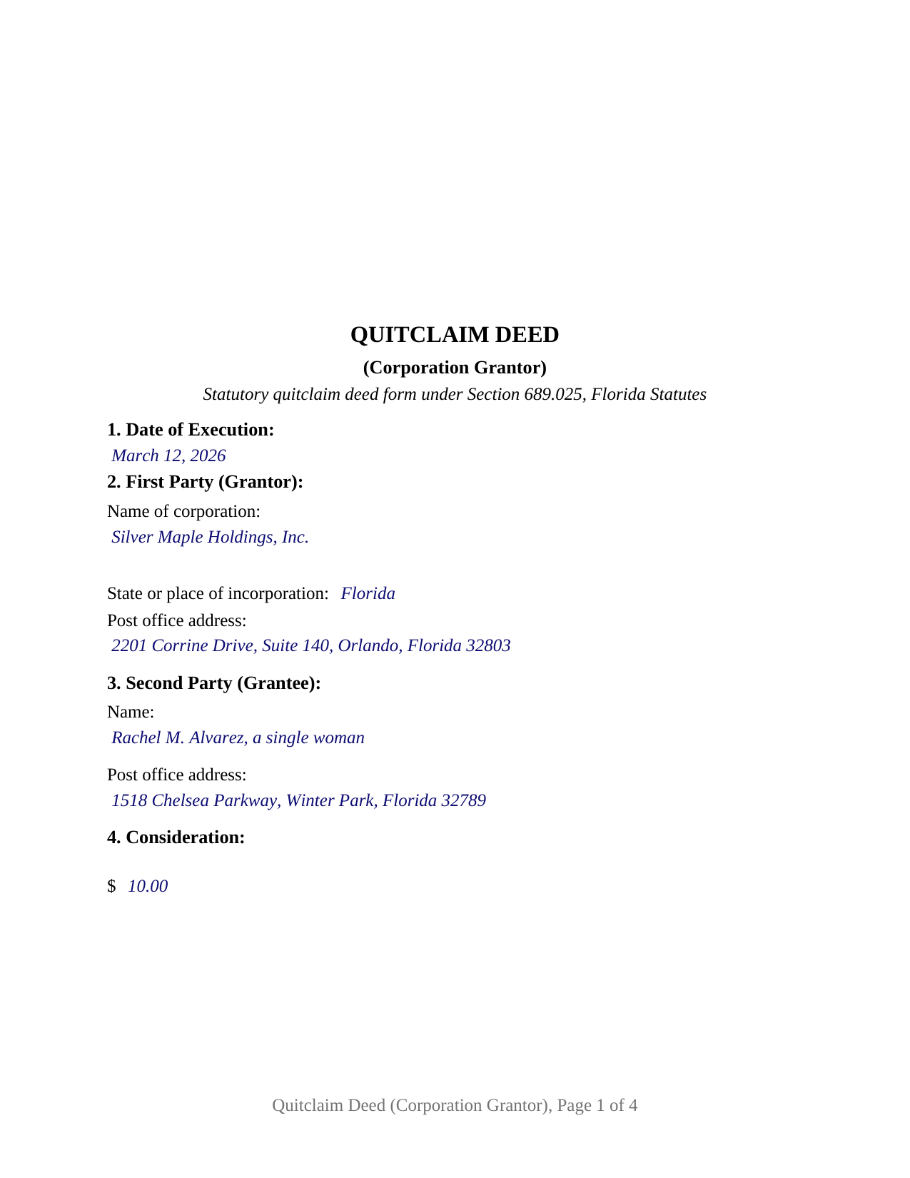Broward County Completed Example of the Quitclaim Deed (Corporation Grantor) Document