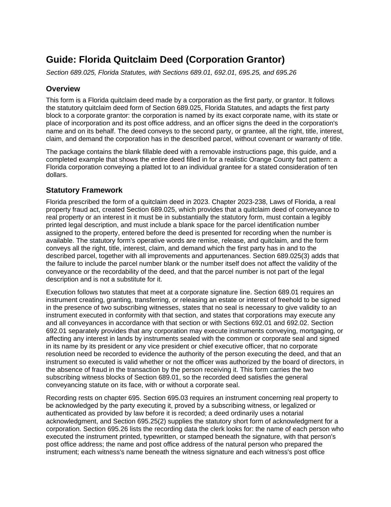 Broward County Quitclaim Deed (Corporation Grantor) Guide