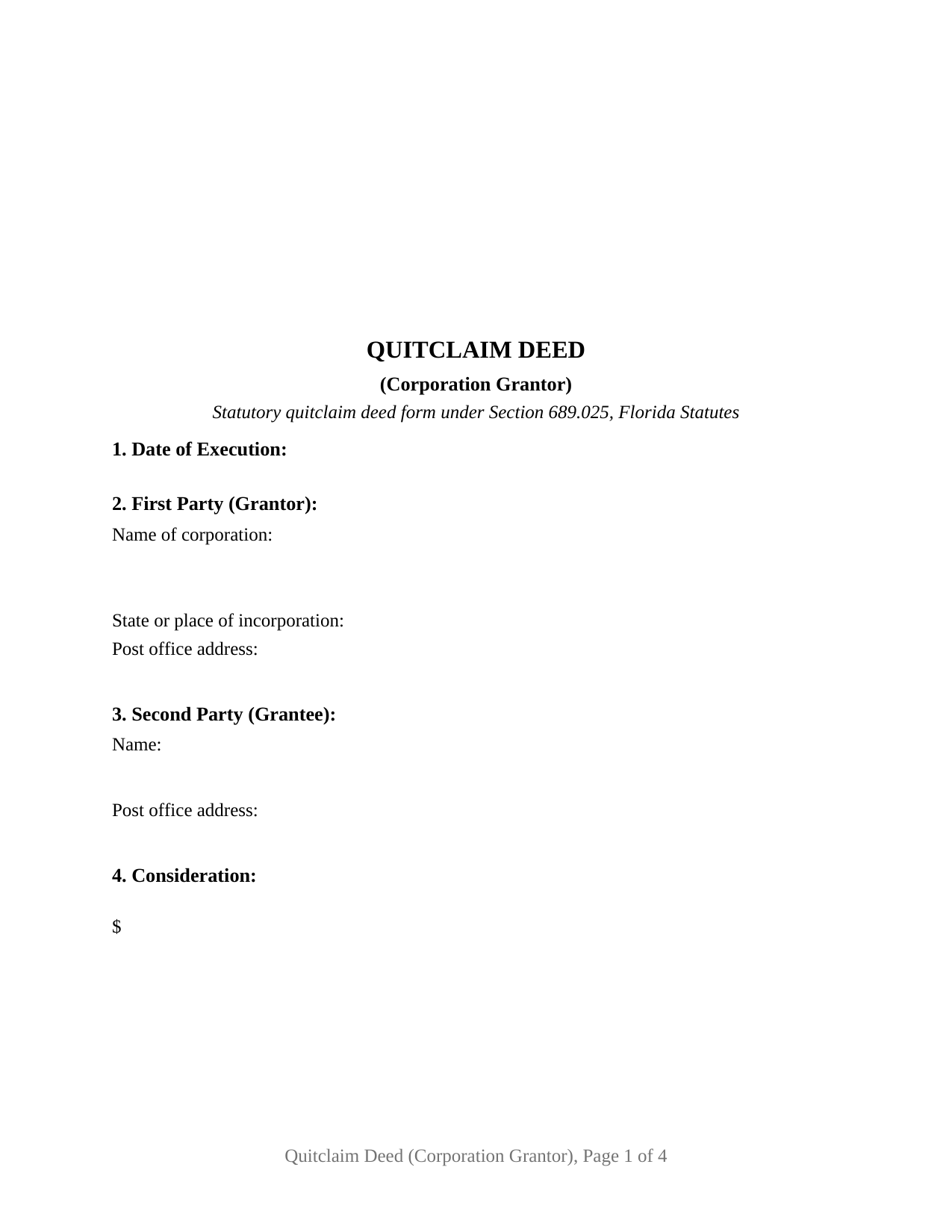 Broward County Quitclaim Deed (Corporation Grantor) Form