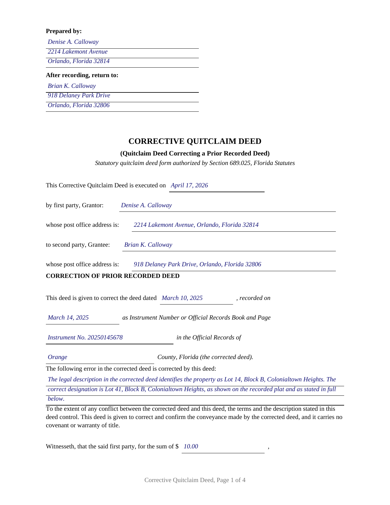 Putnam County Completed Example of the Quitclaim Deed (Corrective) Document