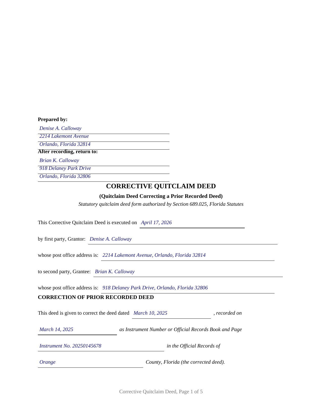 Madison County Completed Example of the Quitclaim Deed (Corrective) Document