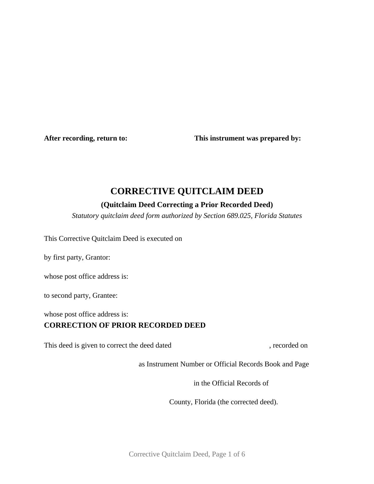 Duval County Quitclaim Deed (Corrective) Form