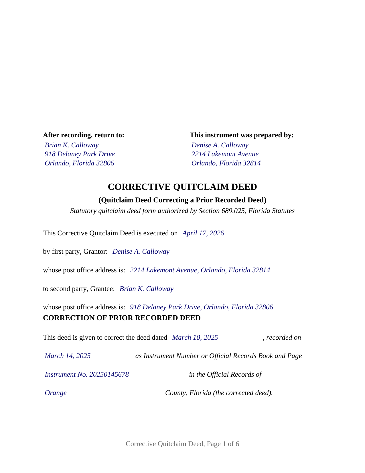 Duval County Completed Example of the Quitclaim Deed (Corrective) Document