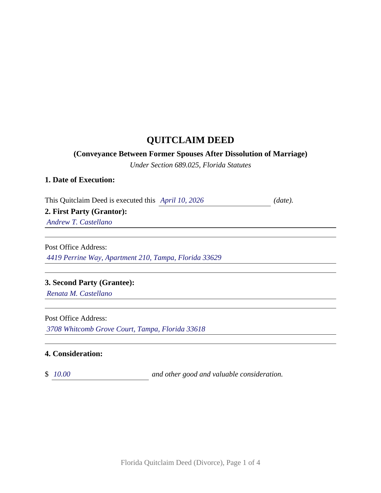 Okaloosa County Completed Example of the Quitclaim Deed (Divorce) Document