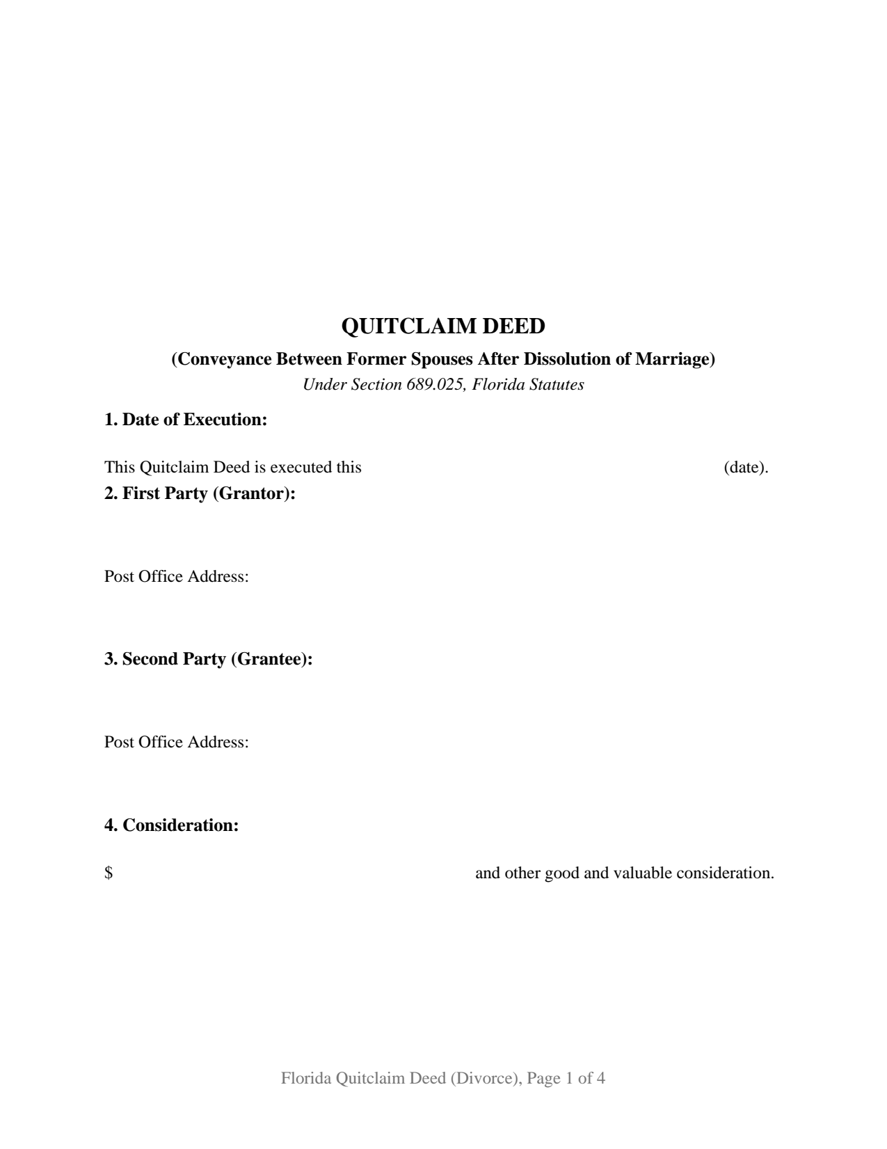 Baker County Quitclaim Deed (Divorce) Form