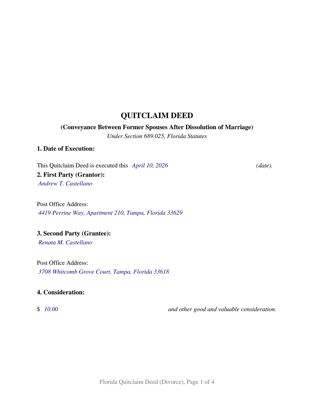Baker County Completed Example of the Quitclaim Deed (Divorce) Document