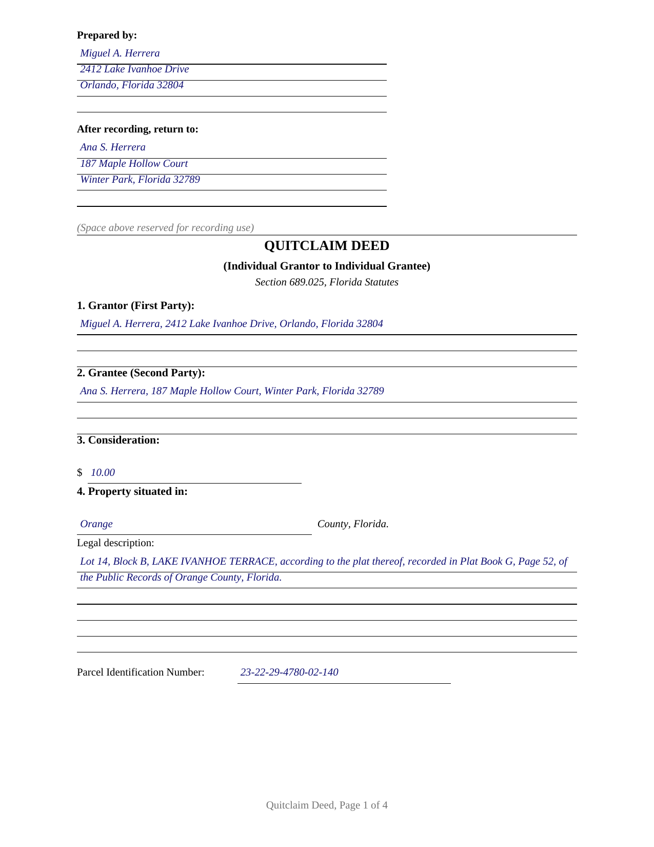 Putnam County Completed Example of the Quitclaim Deed (Individual) Document