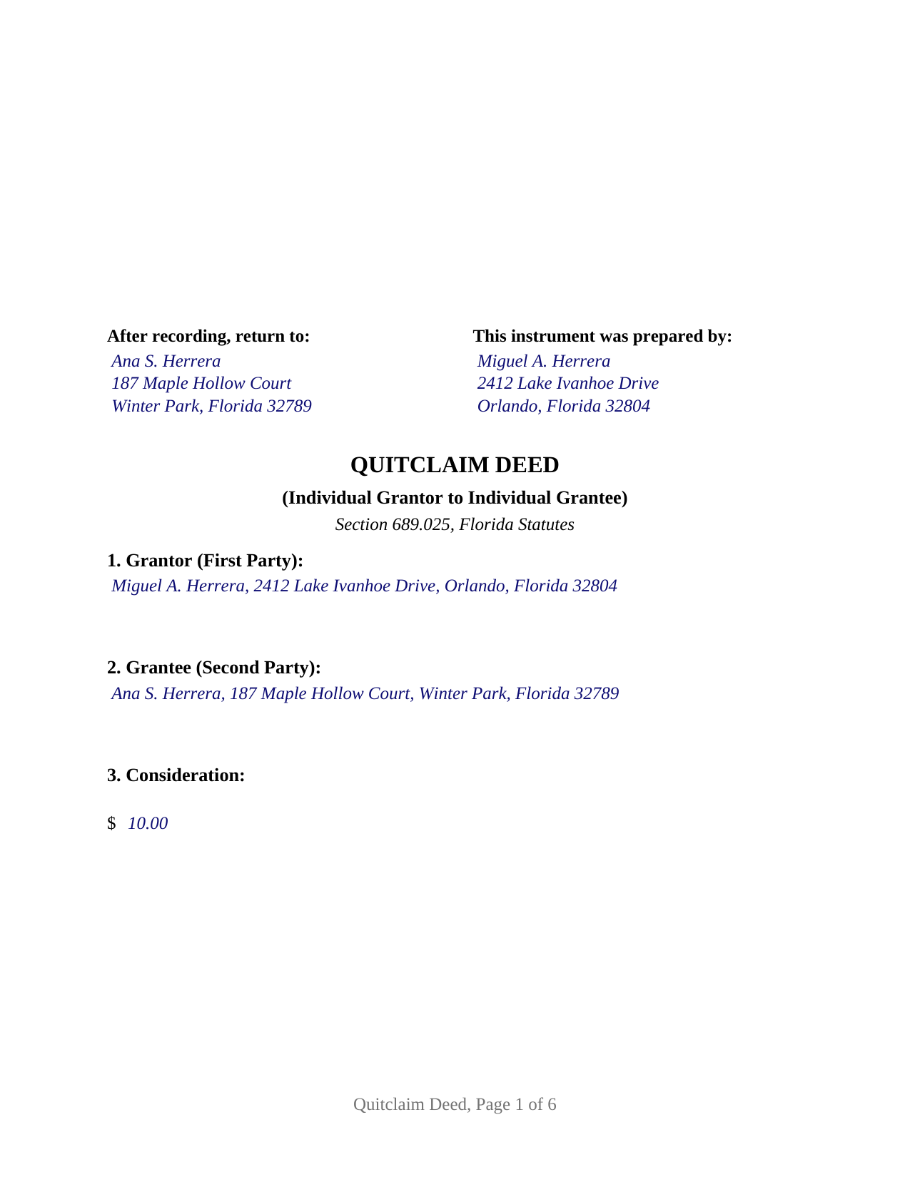 Hernando County Completed Example of the Quitclaim Deed (Individual) Document
