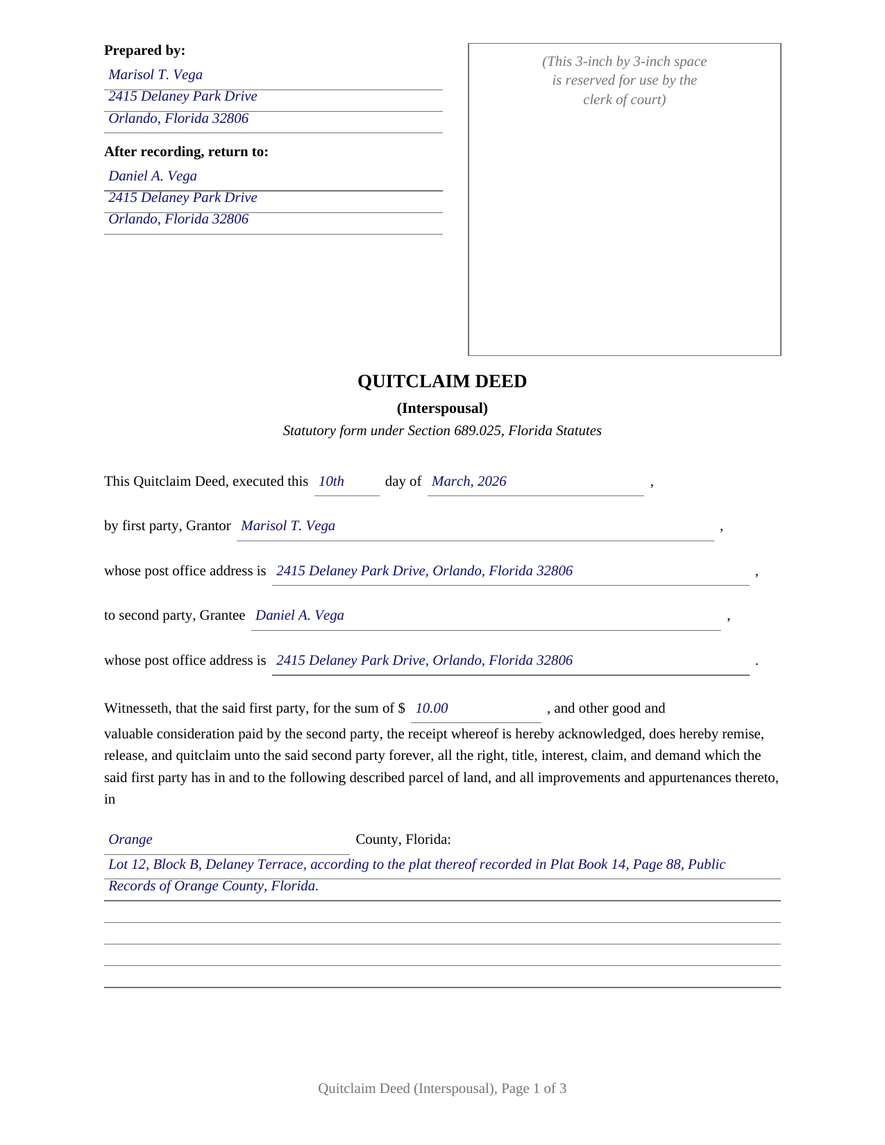 Putnam County Completed Example of the Quitclaim Deed (Interspousal) Document