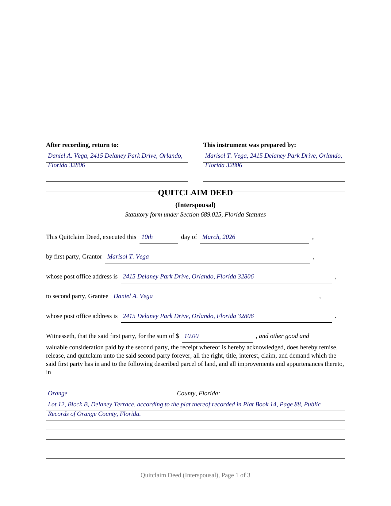 Madison County Completed Example of the Quitclaim Deed (Interspousal) Document