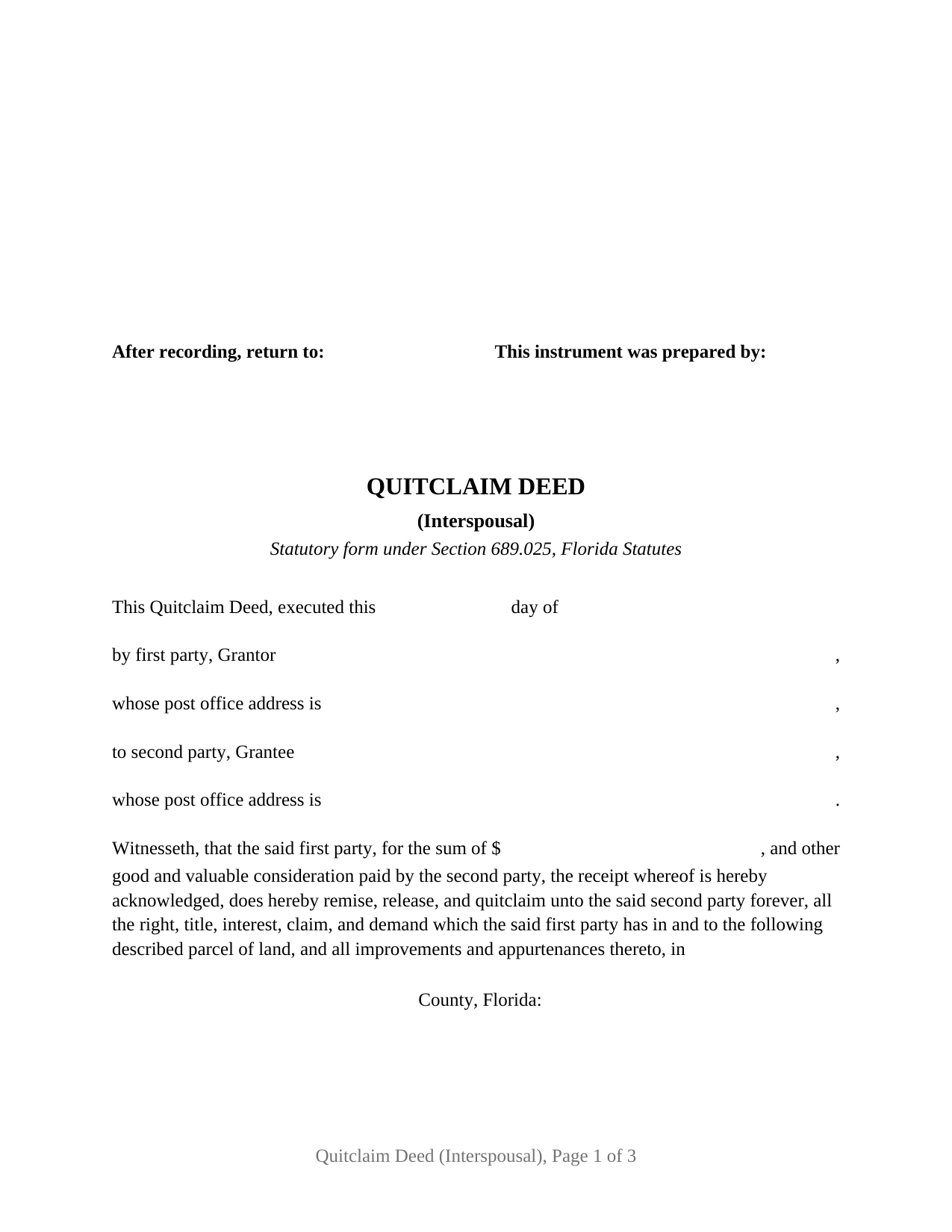 Broward County Quitclaim Deed (Interspousal) Form