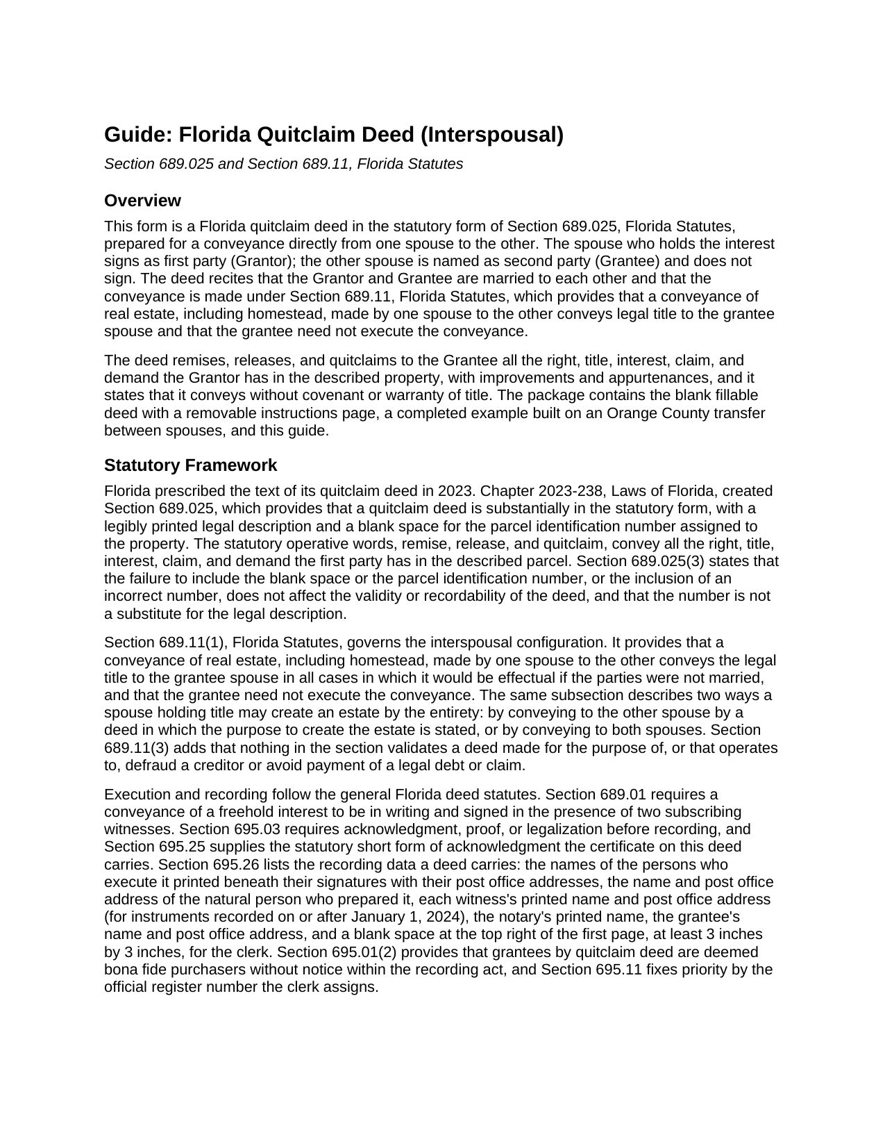Broward County Quitclaim Deed (Interspousal) Guide