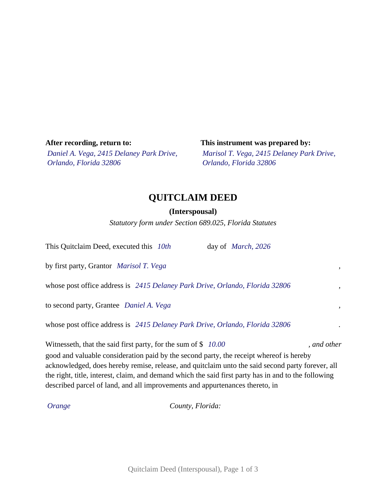 Broward County Completed Example of the Quitclaim Deed (Interspousal) Document