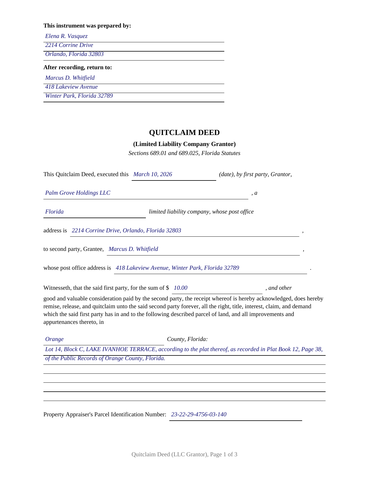 Calhoun County Completed Example of the Quitclaim Deed (LLC Grantor) Document