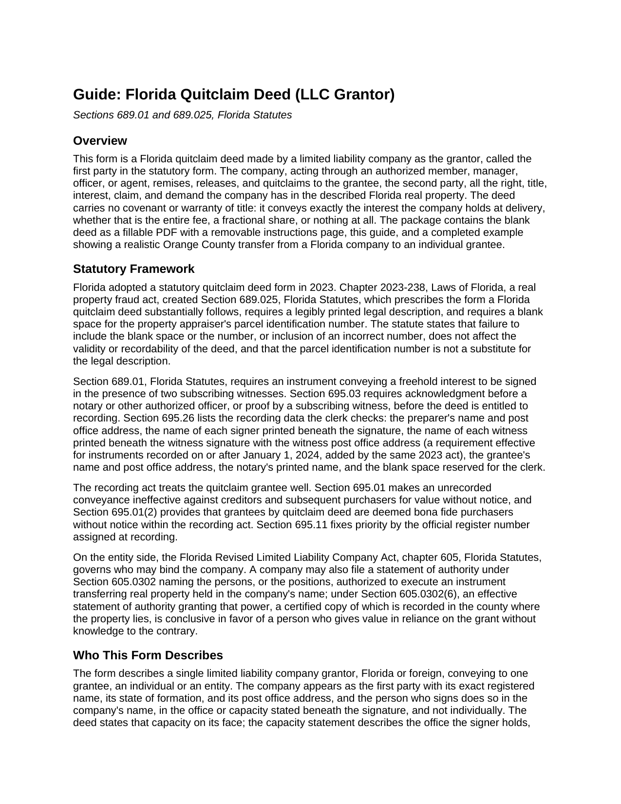 Manatee County Quitclaim Deed (LLC Grantor) Guide