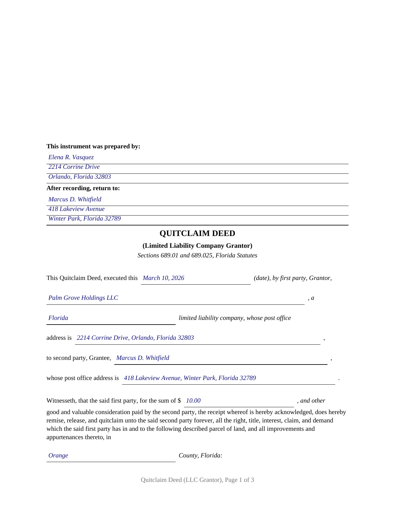 Manatee County Completed Example of the Quitclaim Deed (LLC Grantor) Document