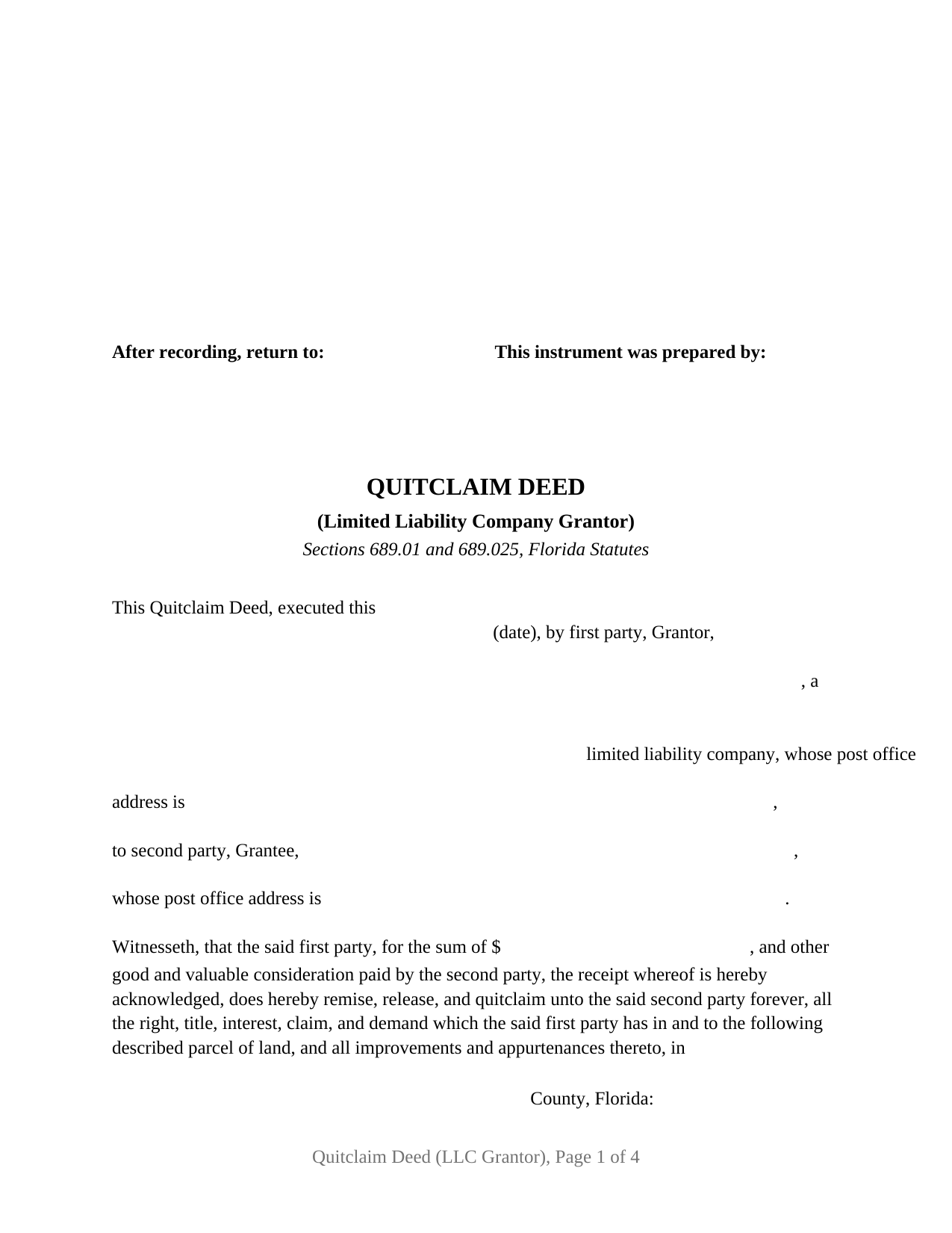Pasco County Quitclaim Deed (LLC Grantor) Form