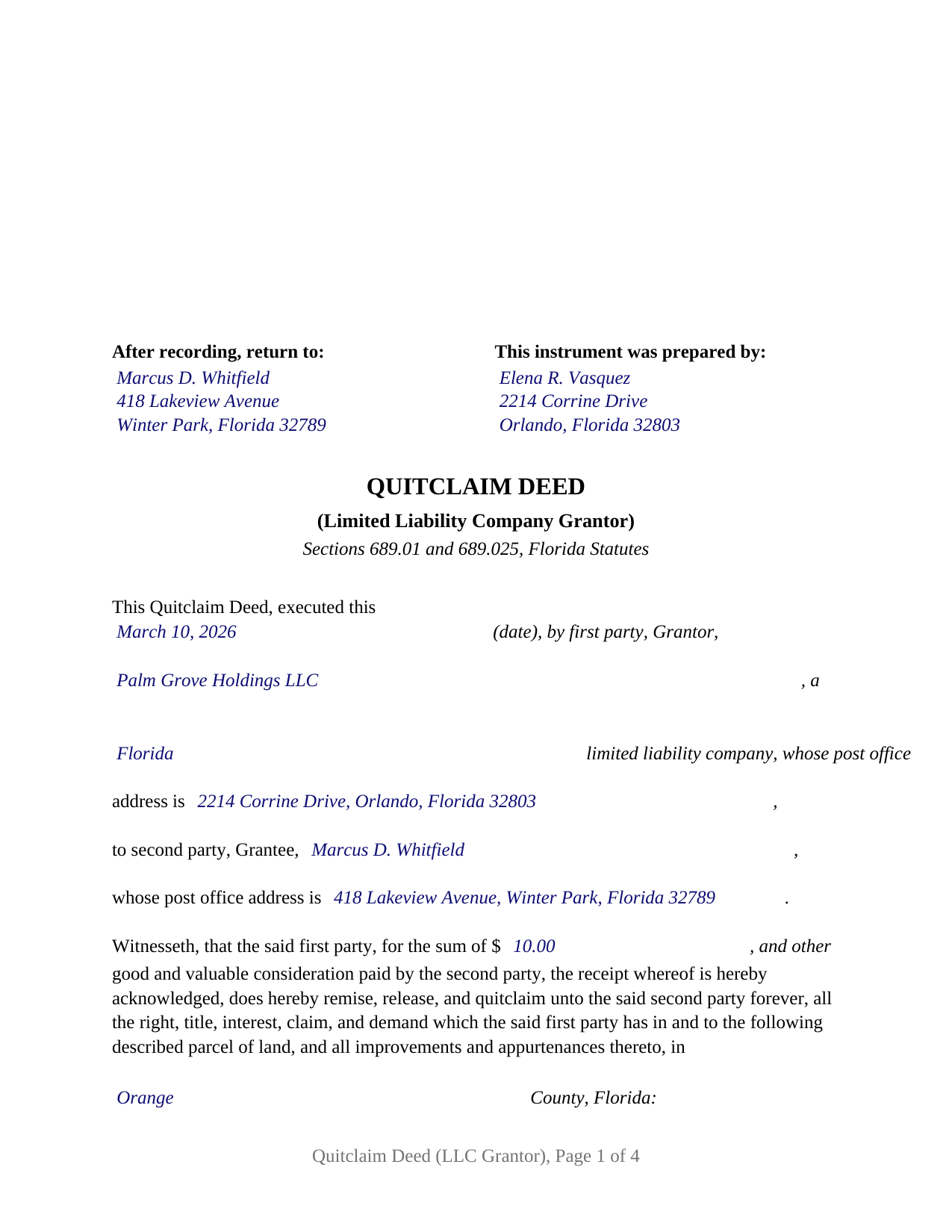 Pasco County Completed Example of the Quitclaim Deed (LLC Grantor) Document